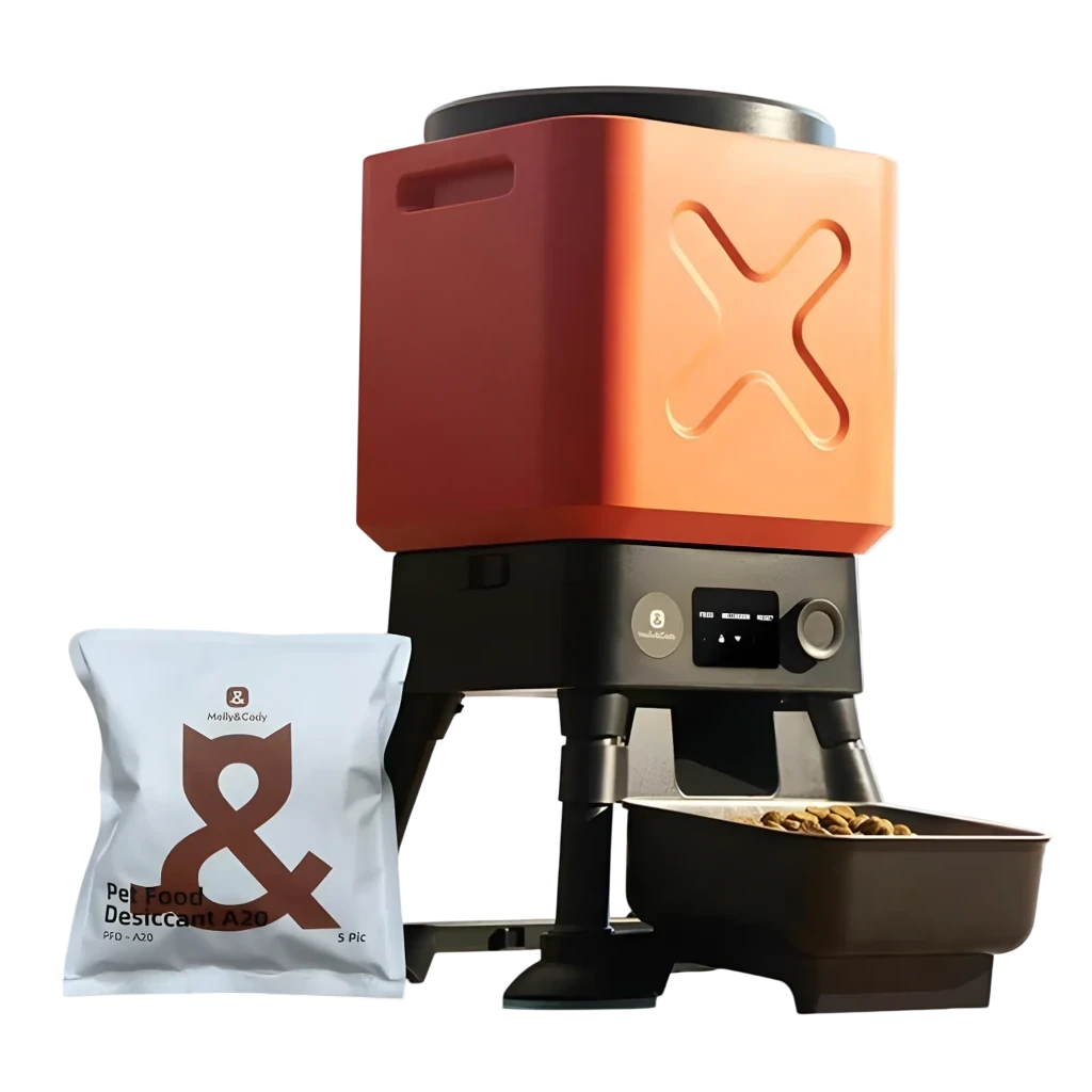 Desecante Molly & Cody Food Desiccant Gel de Sílice Pack 5 bolsas junto a dispensador automático negro y naranja con panel digital y tazón con croquetas