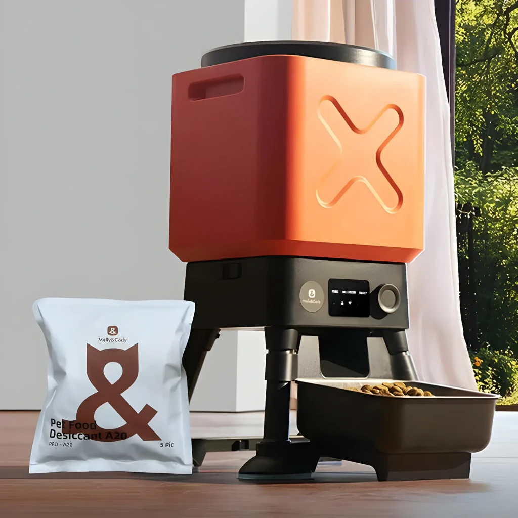Paquete de 5 bolsas desecantes Molly & Cody, gel de sílice. Bolsa blanca con logotipo marrón junto a dispensador de alimento para mascotas y tazón con