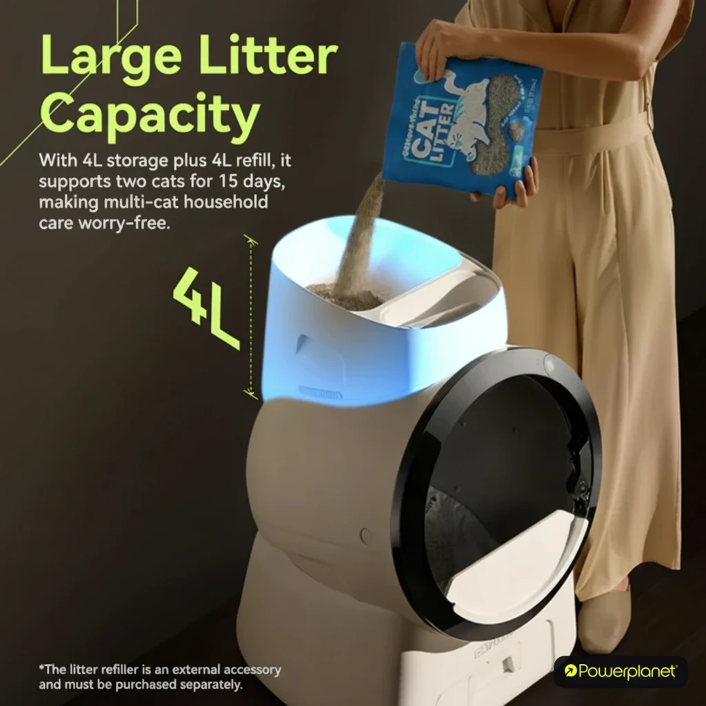 Rellenador automático de arena 4L para Scoop Robot Pro, tolva superior con luz azul indicadora, bolsa de recarga CAT LITTER y diseño compacto para gatos