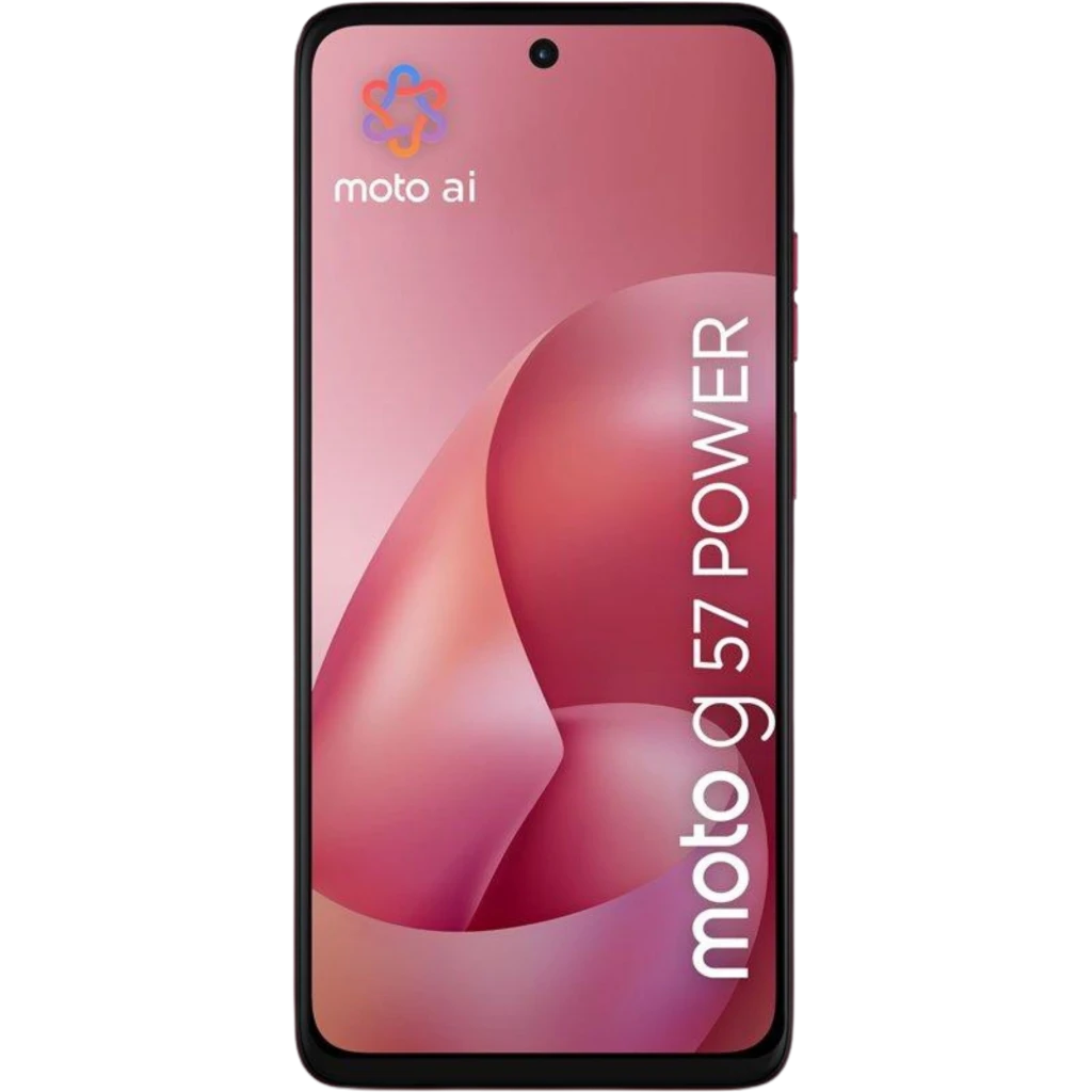 Motorola Moto G57 Power 5G 256 GB Pink Lemonade 12 GB con pantalla 120Hz; frontal negro, biseles delgados y display rosa con orificio central para la cámara