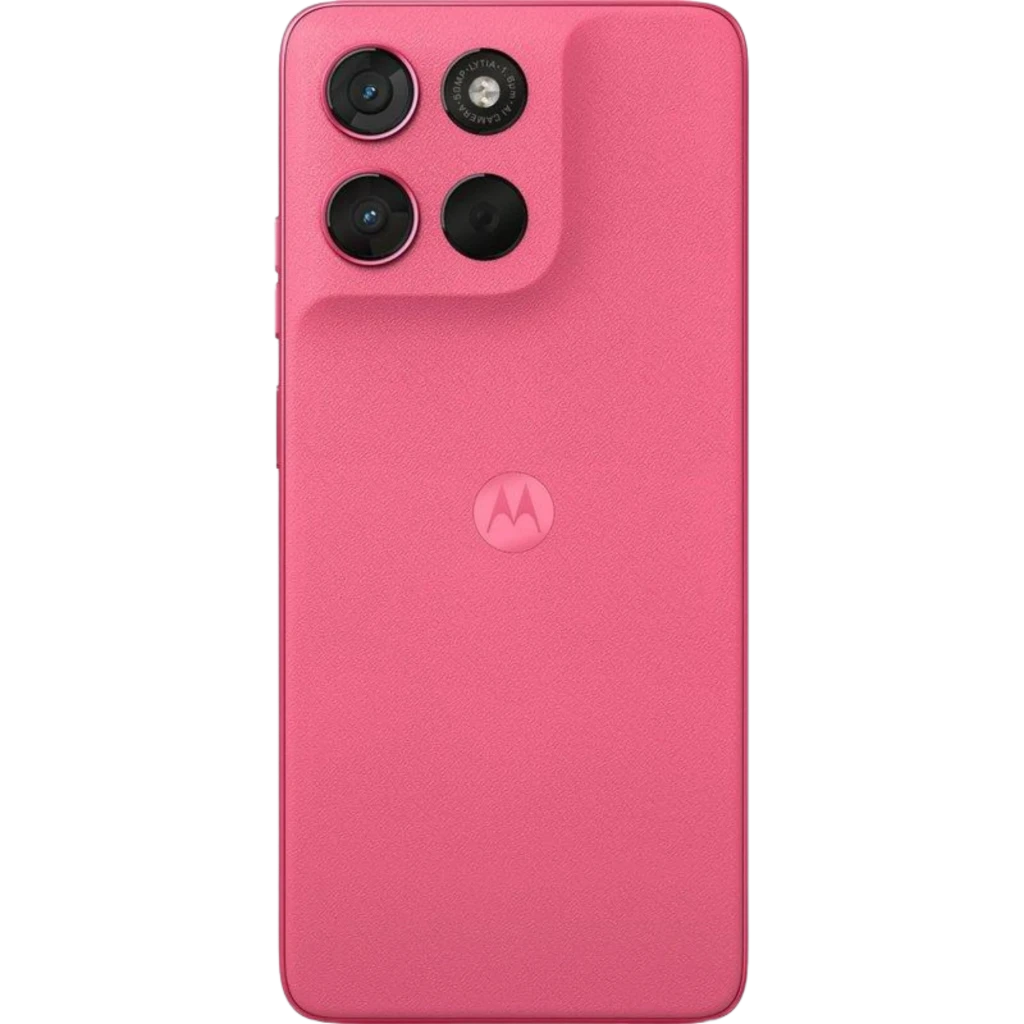 Motorola Moto G57 Power 5G rosa Pink Lemonade con textura mate, módulo de triple cámara trasera elevado y logo central; diseño elegante y moderno