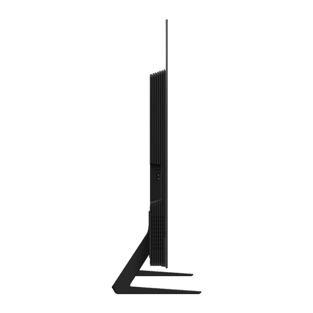 Perfil lateral ultradelgado del Samsung TQ55S92FAE 55 OLED 4K, marco mínimo, chasis con ranuras de ventilación y base en forma de V, diseño elegante 144Hz
