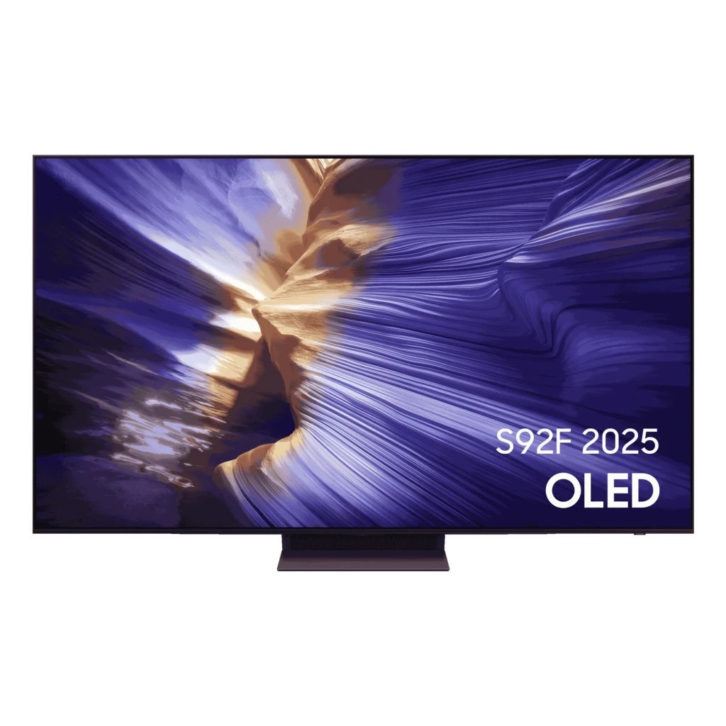 Pantalla Samsung TQ55S92FAE 55 pulgadas OLED 4K con biseles ultrafinos, panel brillante con arte abstracto azul y dorado, base central discreta, 144 Hz Wi‑Fi