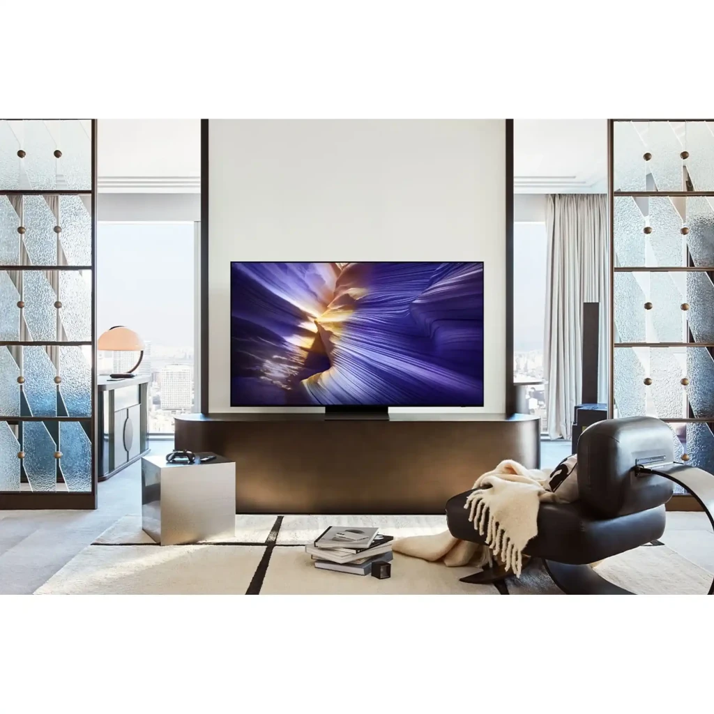 Samsung TQ55S92FAE 55 OLED 4K Ultra HD con pantalla sin bordes, soporte central minimalista y panel brillante que muestra colores intensos y negros profundos