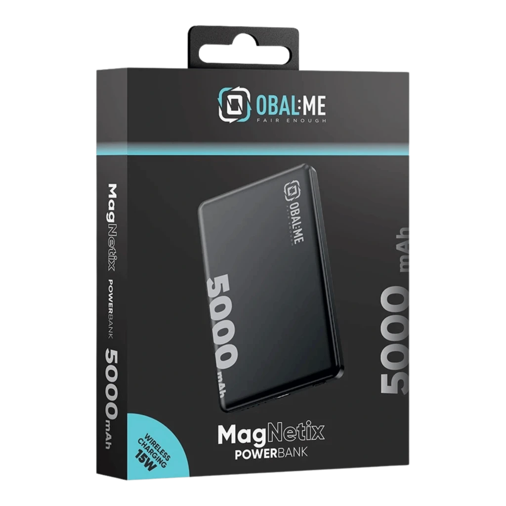 Powerbank OBAL:ME MagNetix negro, 5000mAh, compacto con carga inalámbrica 15W y USB-C, diseño magnético compatible MagSafe en caja gris elegante