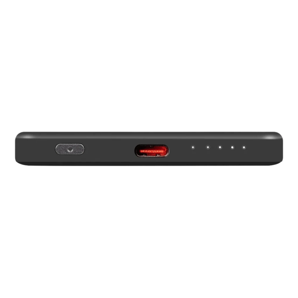 Powerbank MagSafe negro ultradelgado 5000 mAh con puerto USB-C rojo, indicador LED de 4 luces y carga inalámbrica 15 W adecuada para iPhone compatible