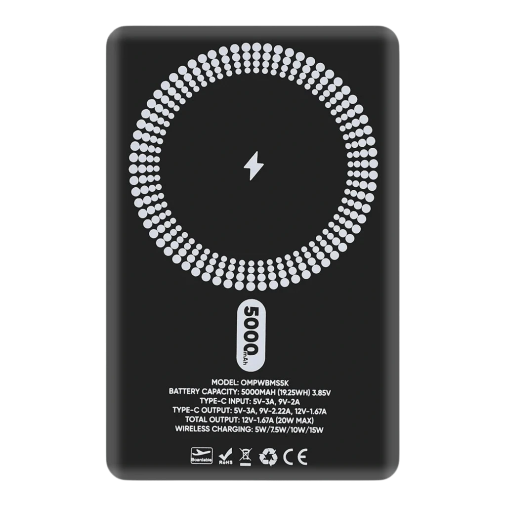 Powerbank OBAL:ME MagNetix negro 5000mAh con anillo MagSafe, puerto USB-C, carga inalámbrica 15W y diseño delgado con iconos técnicos impresos