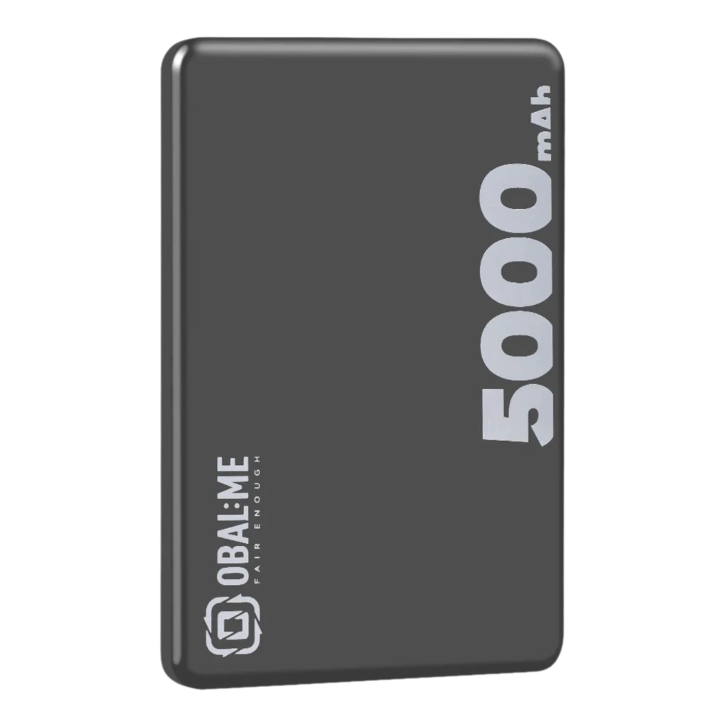 Powerbank OBAL:ME MagNetix negro, compacto 5000 mAh, tipografía 5000 mAh en grande, acabado mate, bordes redondeados, compatible MagSafe y USB-C 15W