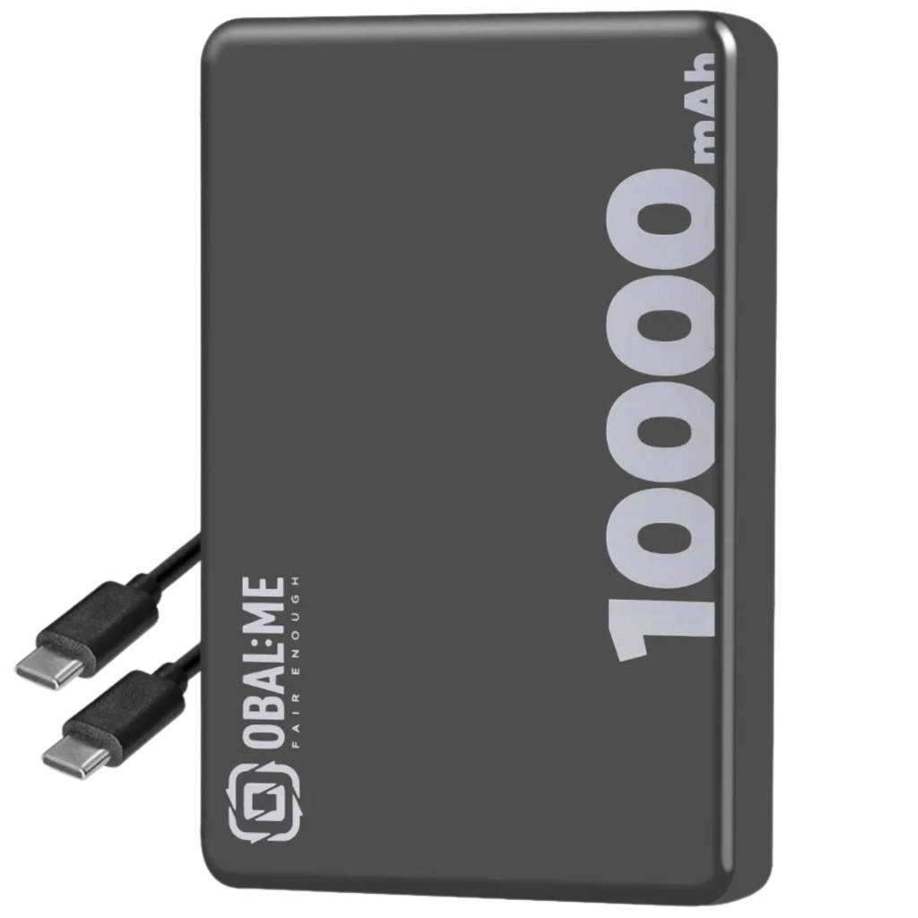 Powerbank OBAL:ME MagNetix negro 10000 mAh con carga inalámbrica 15W, puerto USB-C, diseño compacto y texto 10000 mAh en grande; cable USB-C incluido