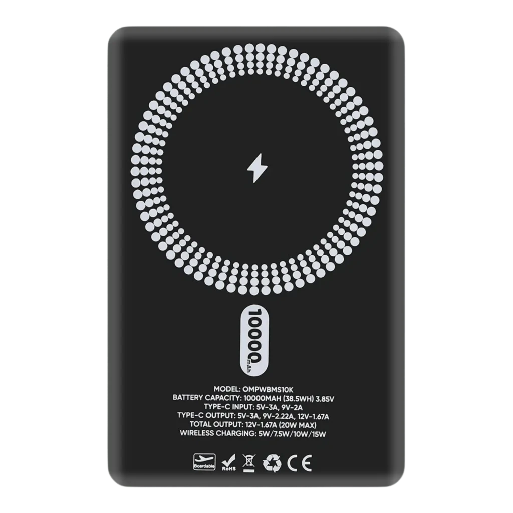 Powerbank OBAL:ME MagNetix negro 10000mAh, compatibilidad MagSafe, carga inalámbrica 5W 7.5W 10W 15W, USB-C, indicador LED de nivel y diseño magnético