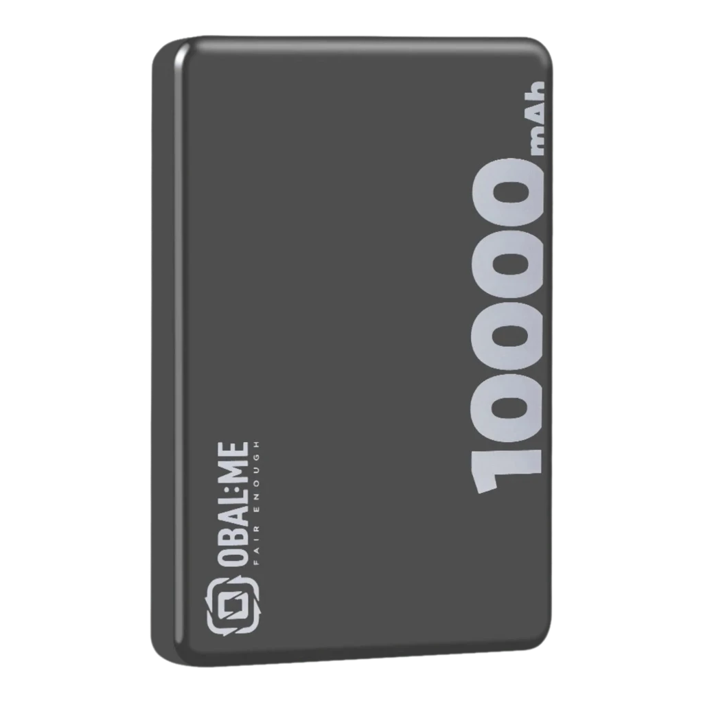 Power bank negro compacto con capacidad 10000 mAh impresa en grande, bordes redondeados, puerto USB-C y compatibilidad MagSafe de 15W