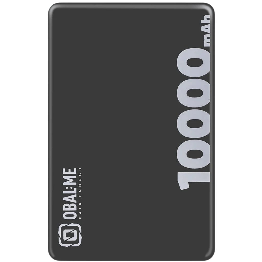Powerbank negro compacto OBAL:ME MagNetix con texto 10000 mAh en grande, bordes redondeados y logotipo lateral en blanco; acabado mate elegante