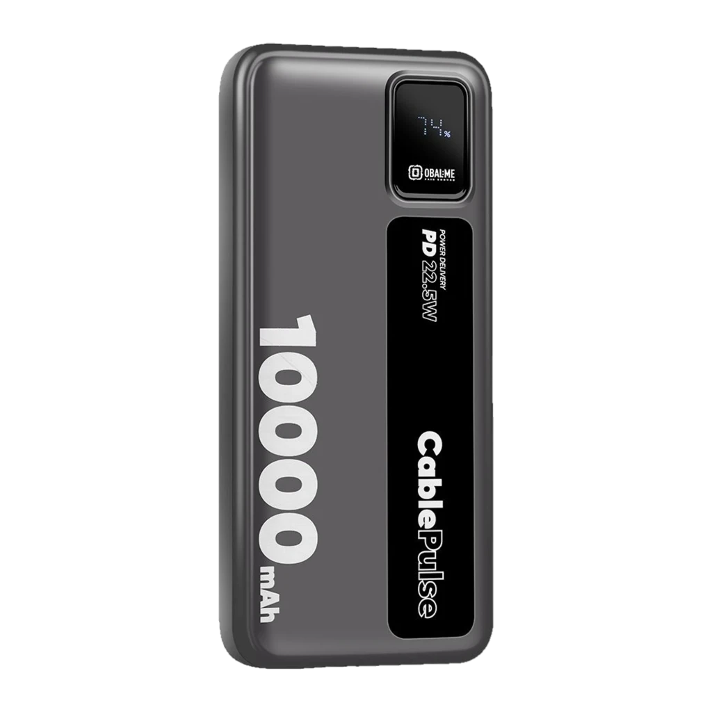 Power bank negro 10000 mAh con pantalla LED de carga, salida PD 22,5W, correa naranja para transporte y diseño robusto CablePulse