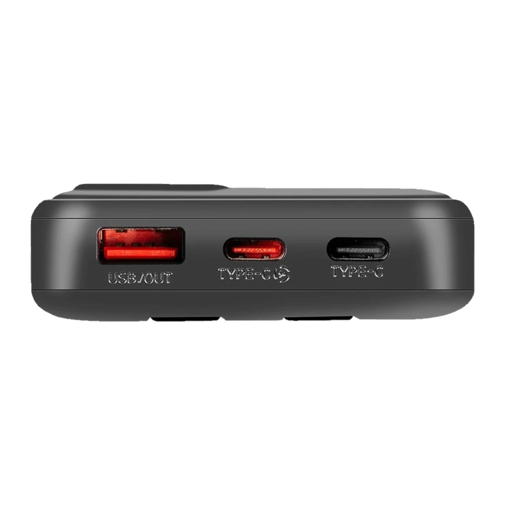 Power bank negro compacto con puertos USB-A y doble USB-C, indicador LED y bordes redondeados. Capacidad 10000 mAh y carga rápida 22,5 W