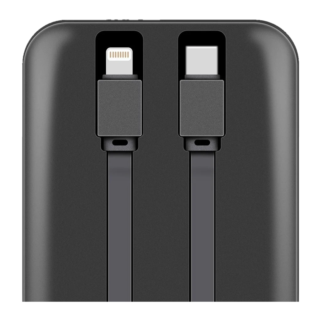 OBAL:ME CablePulse Powerbank 10000mAh 22,5W negro con dos cables integrados planos Lightning y USB-C, diseño compacto y acabado mate elegante