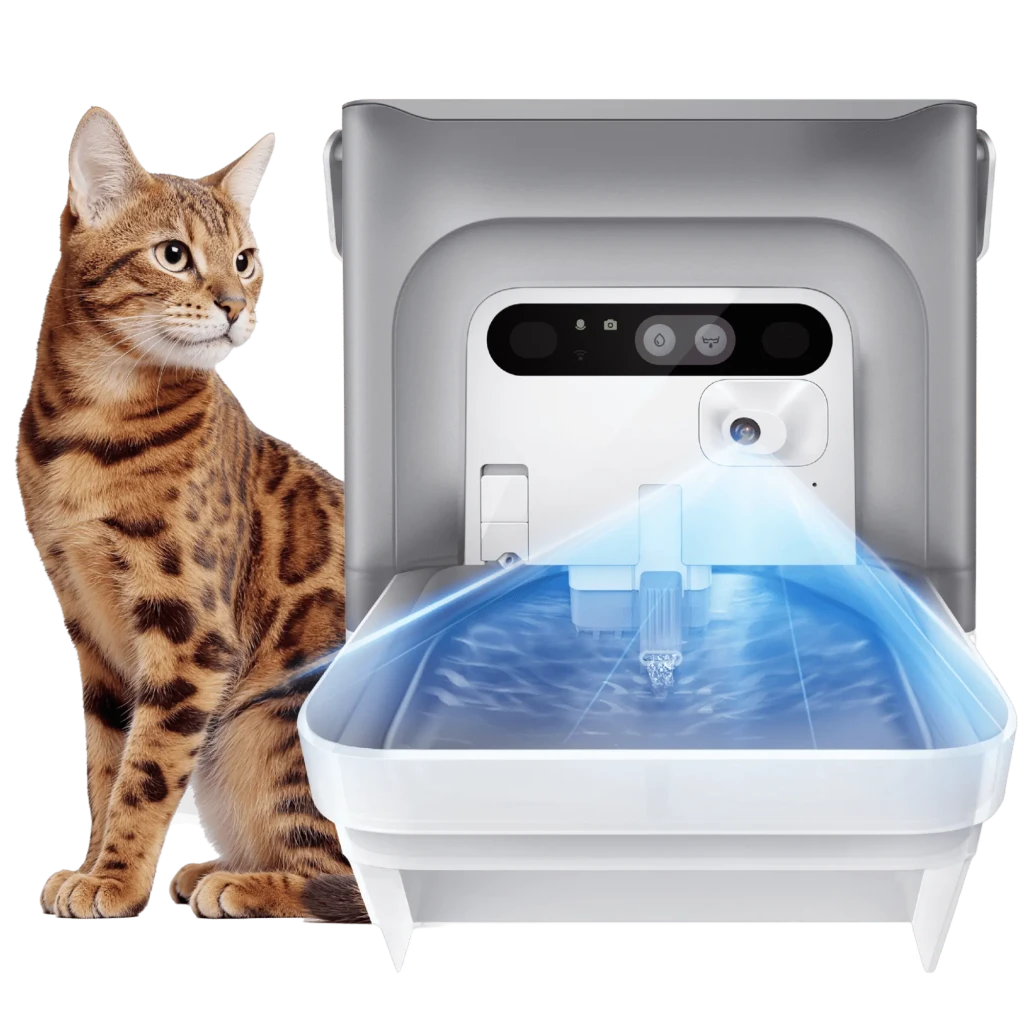Bebedero automático Petkit Eversweet Ultra AI gris con chorro iluminado, sensor frontal, filtro de agua visible y diseño compacto junto a un gato bengalí
