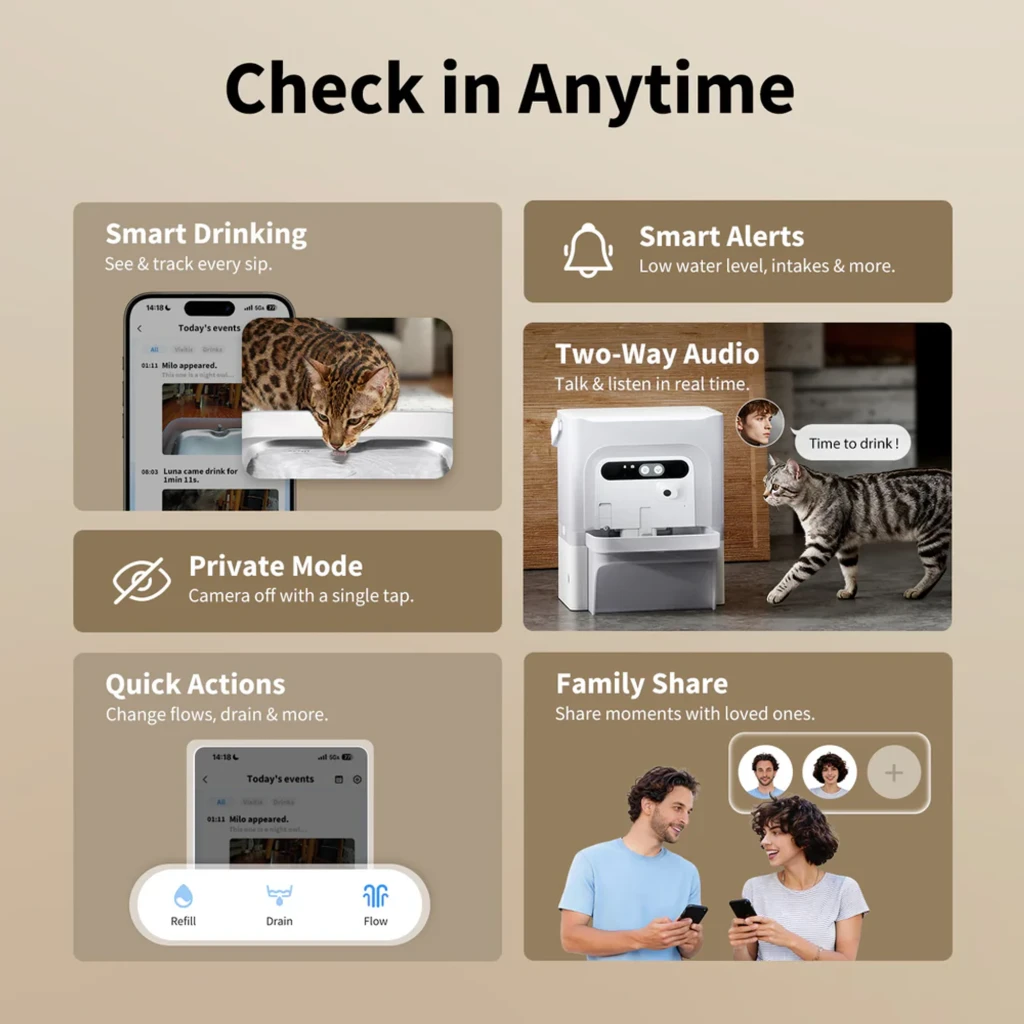 Bebedero automático blanco con cámara y micrófono, alertas inteligentes, audio bidireccional, modo privado, acciones rápidas y opción de compartir en