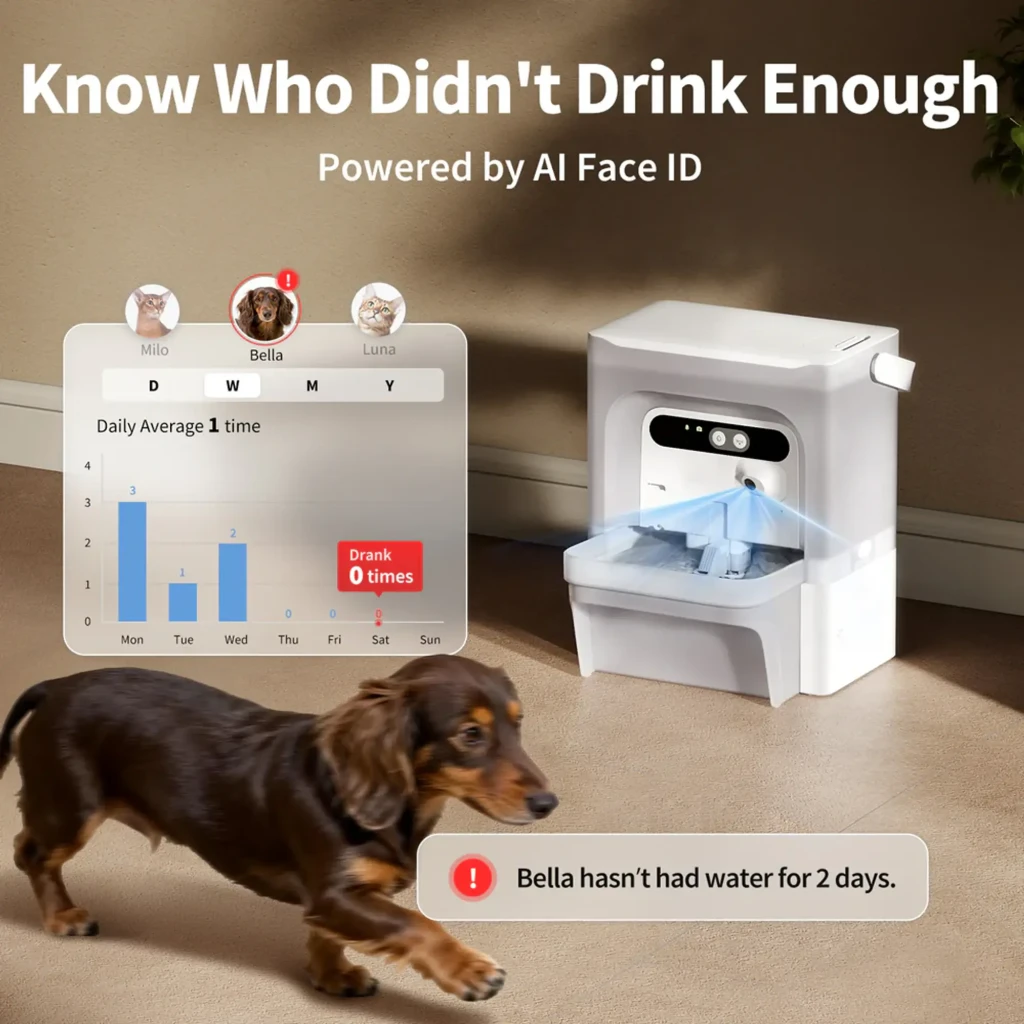 Bebedero automático blanco con IA: fuente elevada con chorro suave, detector de nivel, panel frontal con sensores y pantalla, cuenco desmontable para mascotas