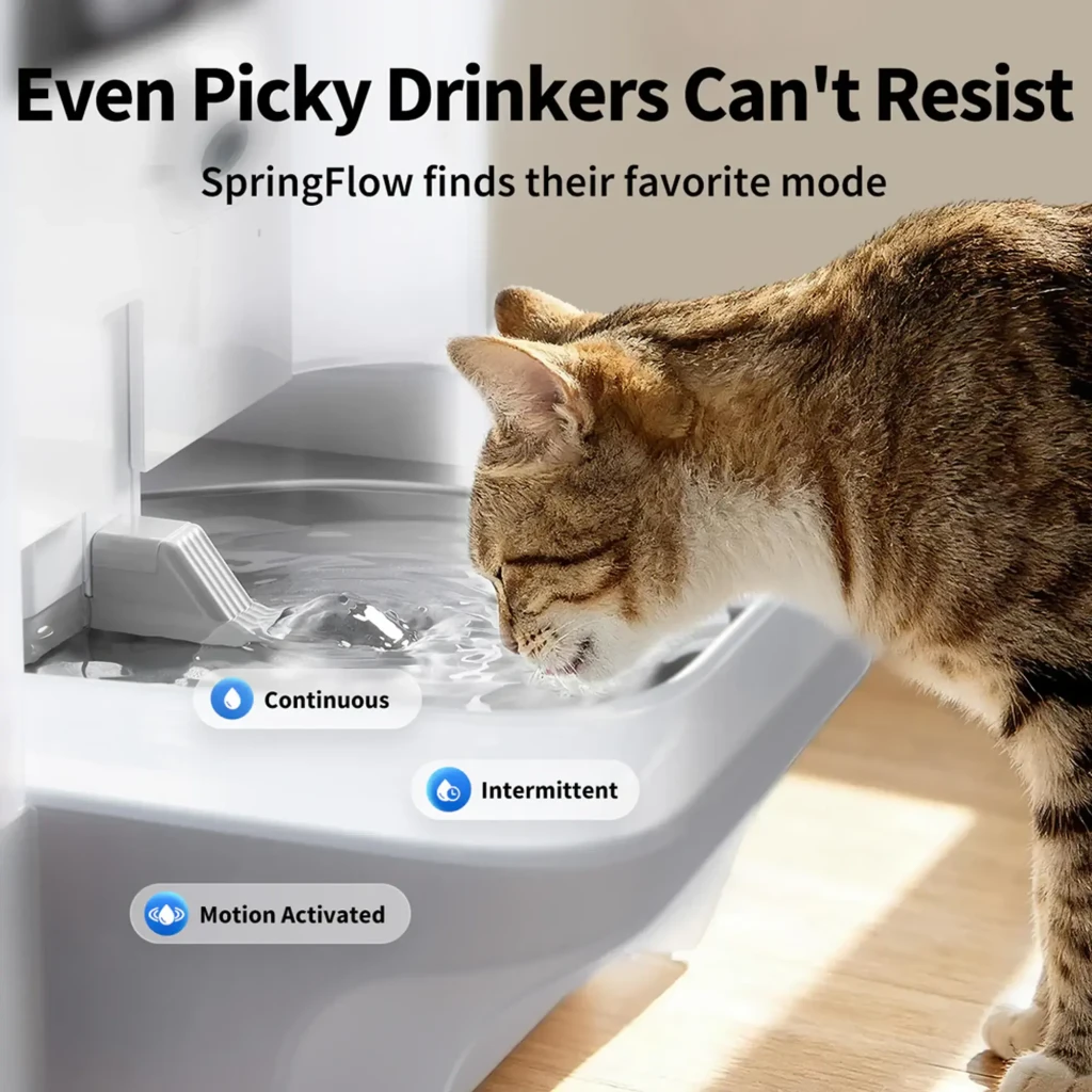 Bebedero automático blanco con flujo de agua ajustable: continuo, intermitente y por movimiento; diseño silencioso y depósito visible para gatos y perros