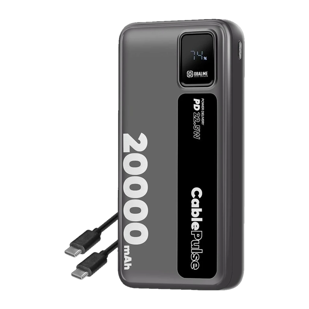 Power bank negro 20000 mAh con pantalla LED de nivel, salida PD 22,5W, acabado brillante y bordes redondeados; incluye cable USB‑C a USB‑C desmontable