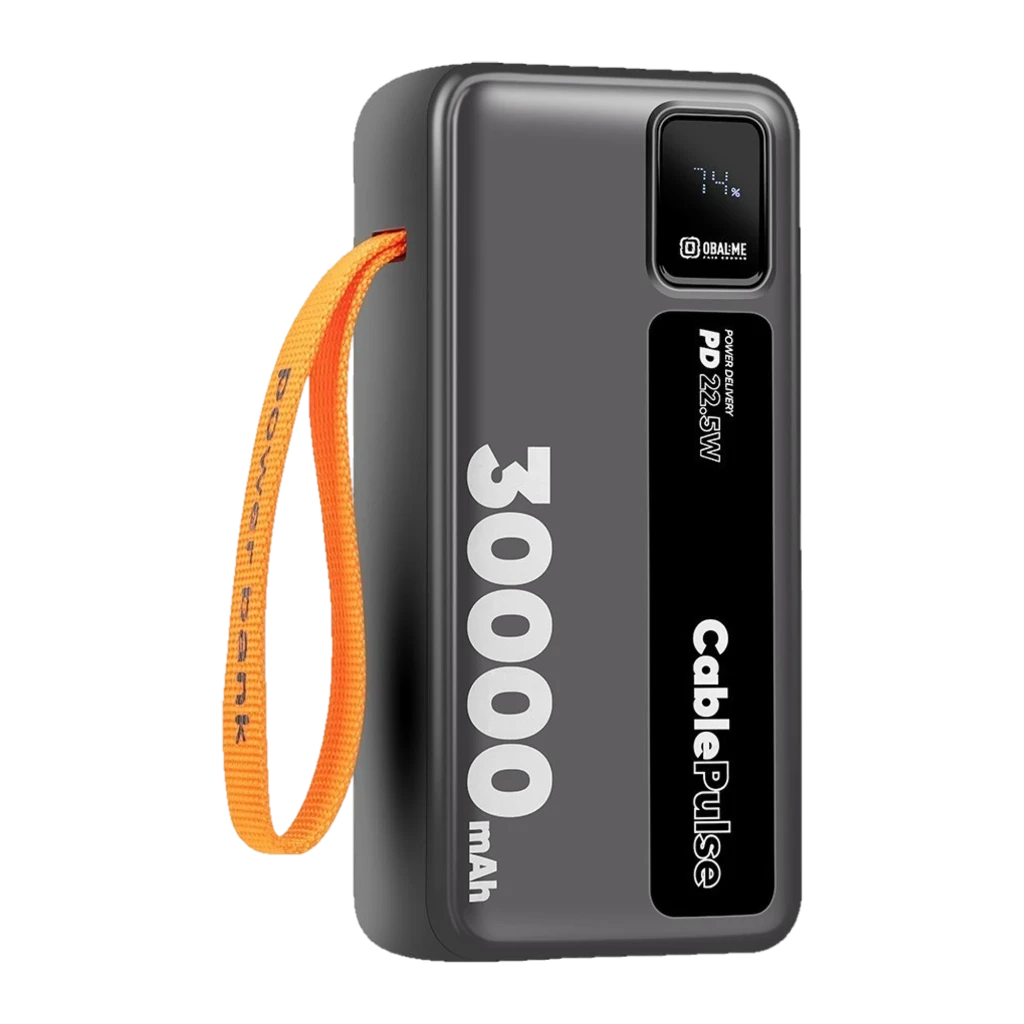 Power bank negro 30000 mAh con pantalla LED de carga, salida PD 22,5W, correa naranja para transporte y diseño robusto CablePulse