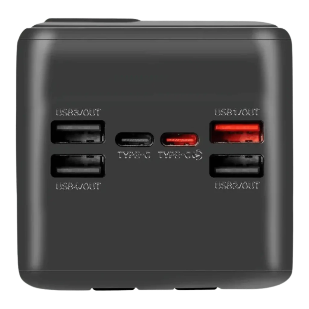 Power bank negro OBAL:ME CablePulse 50000mAh 22,5W con múltiples puertos: 3 USB-A, 2 USB rojos de carga rápida y 2 USB-C para entrada y salida