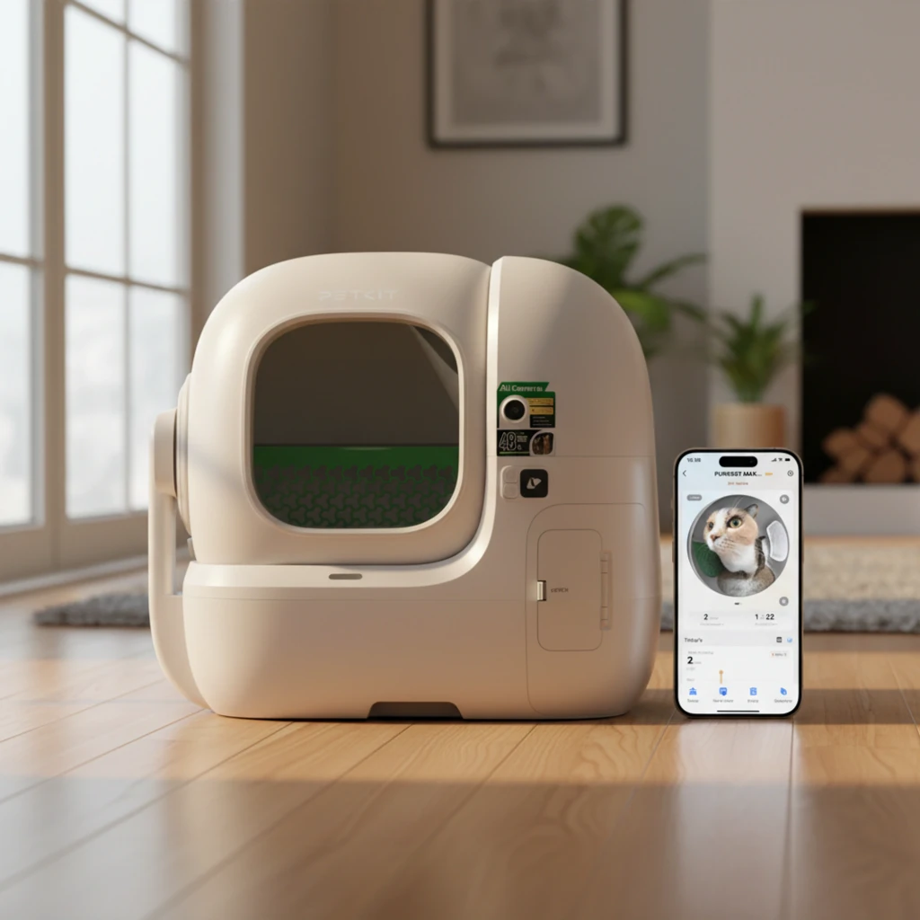 Arenero autolimpiable PETKIT Purobot 3 Basic Kit con cabina blanca, ventana gris, sensor AI, rejilla verde y control por app WiFi mostrado en smartphone