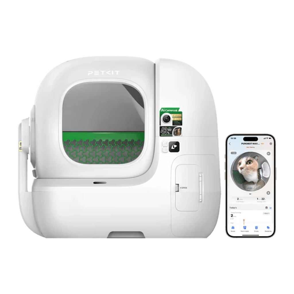 Arenero Autolimpiable PETKIT Purobot Max 3 Basic Kit App WiFi en color blanco, diseño cerrado con puerta frontal y panel lateral, controlable desde smartphone