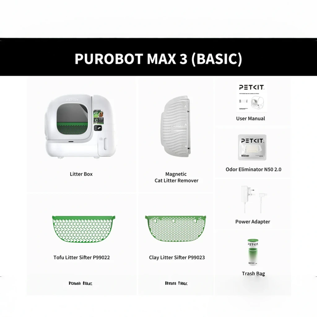 Arenero autolimpiable PETKIT Purobot 3 Basic con caja cerrada, filtro magnético, tamices para tofu y arcilla, eliminador de olores N50, adaptador y bolsas