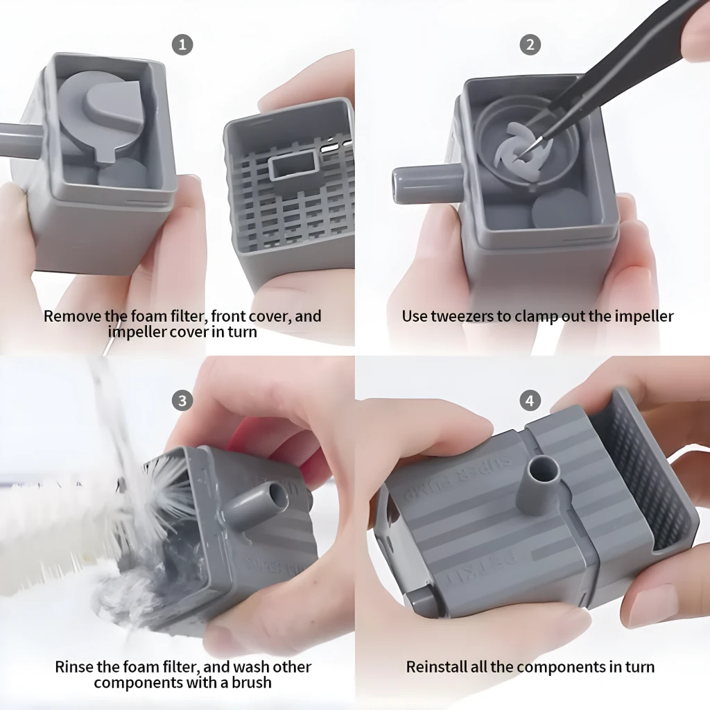 Componente de la Bomba de agua inalámbrica PETKIT Eversweet: carcasa gris, impulsor extraíble, filtro de espuma y tapa frontal; fácil de desmontar y limpiar