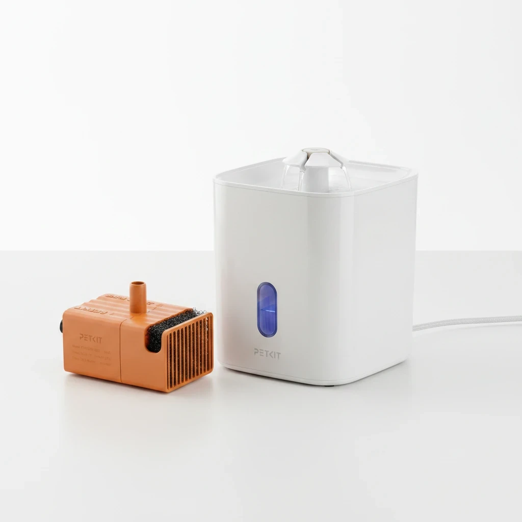 Bomba de agua inalámbrica naranja con filtro de espuma para bebederos PETKIT, junto a base blanca con ventana azul indicadora y diseño compacto