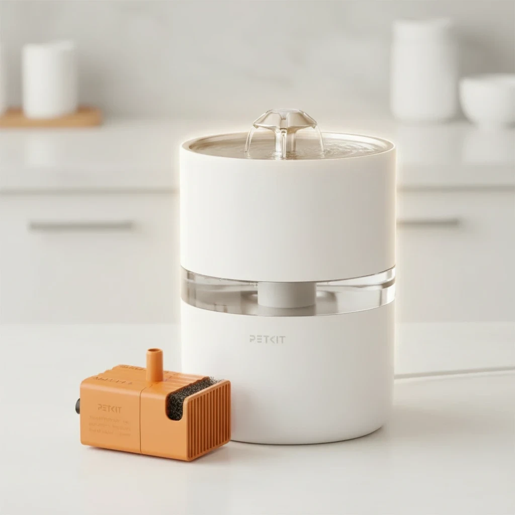 Bomba de agua inalámbrica PETKIT naranja con filtro de esponja, compacta; junto a bebedero blanco cilíndrico con depósito transparente y chorro superior