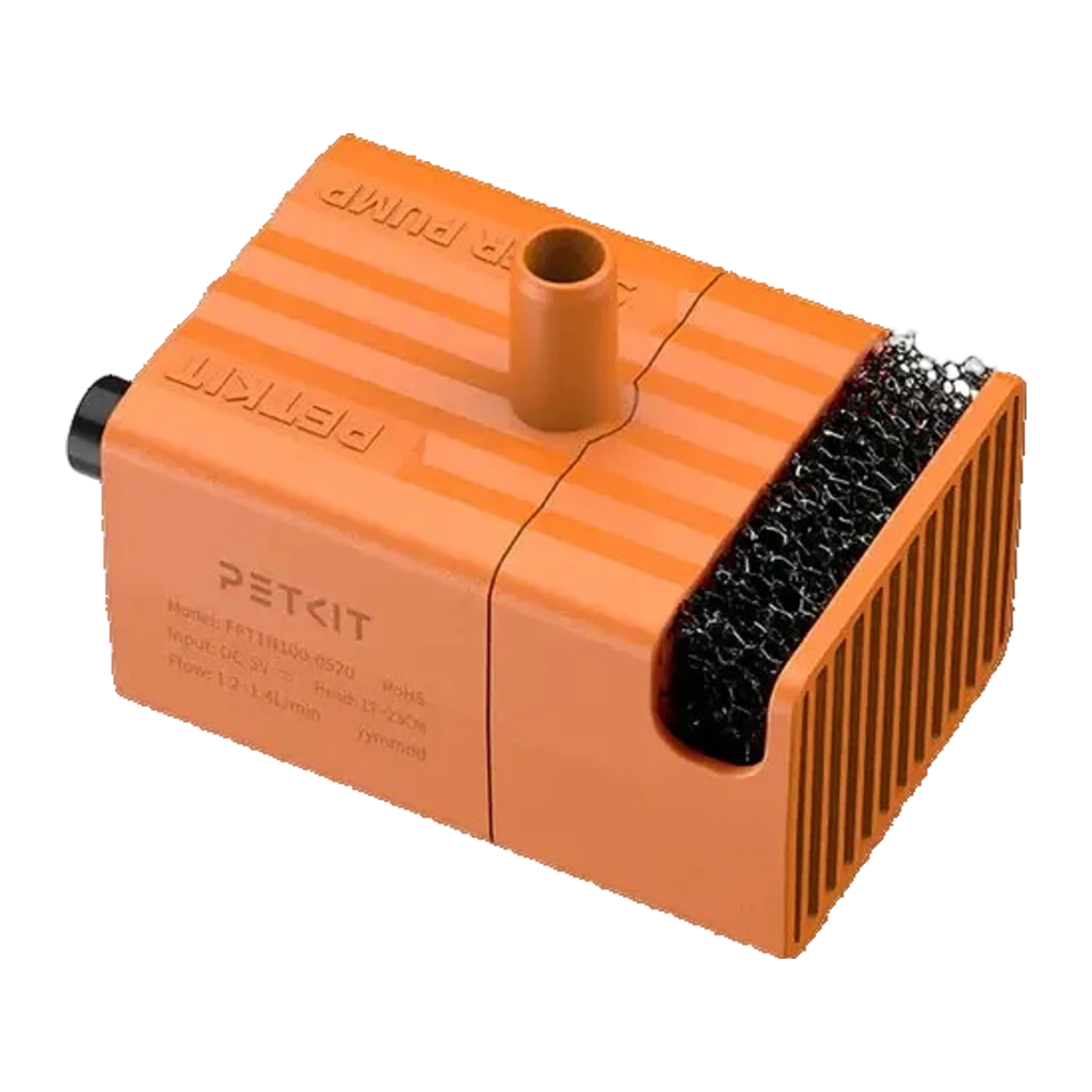 Bomba de agua inalámbrica PETKIT naranja con carcasa ranurada, salida superior cilíndrica y filtro de esponja lateral; compatible con Eversweet SOLO y Max