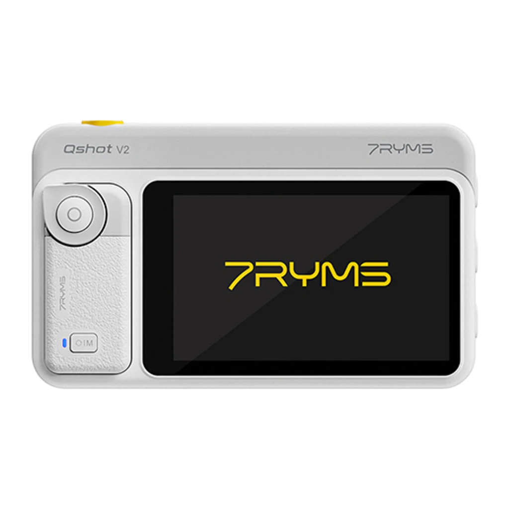 Moniteur selfie 7RYMS Qshot V2 4K 60 fps avec écran couleur, cadran latéral, bouton IM et boîtier blanc compact compatible MagSafe et USB C