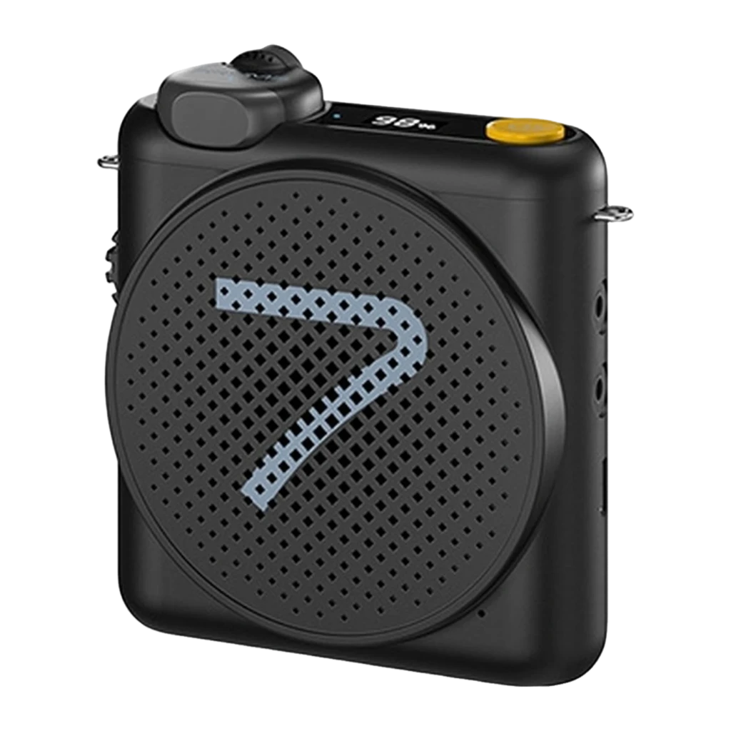 Altavoz portátil negro con rejilla perforada y número 7 en azul, control amarillo, pantalla superior y puertos laterales del amplificador de voz 7Ryms WA2