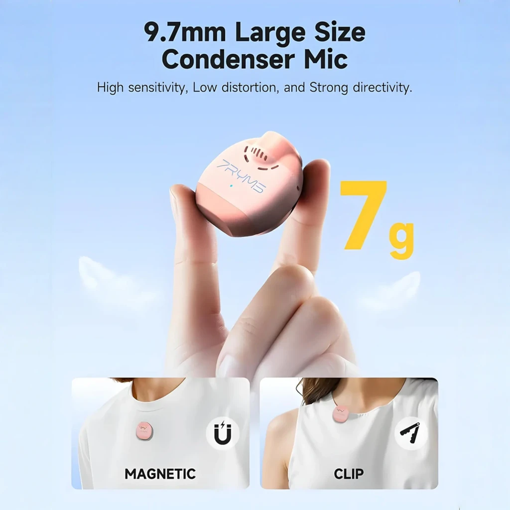 Amplificador de voz inalámbrico 7Ryms WA2 Negro con micrófono lavalier rosa de 9.7 mm, 7 g, diseño compacto, sujeción magnética o clip, alta sensibilidad
