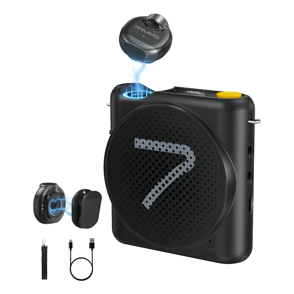 Amplificador de voz 7Ryms WA2 Negro con altavoz frontal 7, módulo inalámbrico extraíble, micrófono lavalier, clip, cable USB y correa; diseño compacto y