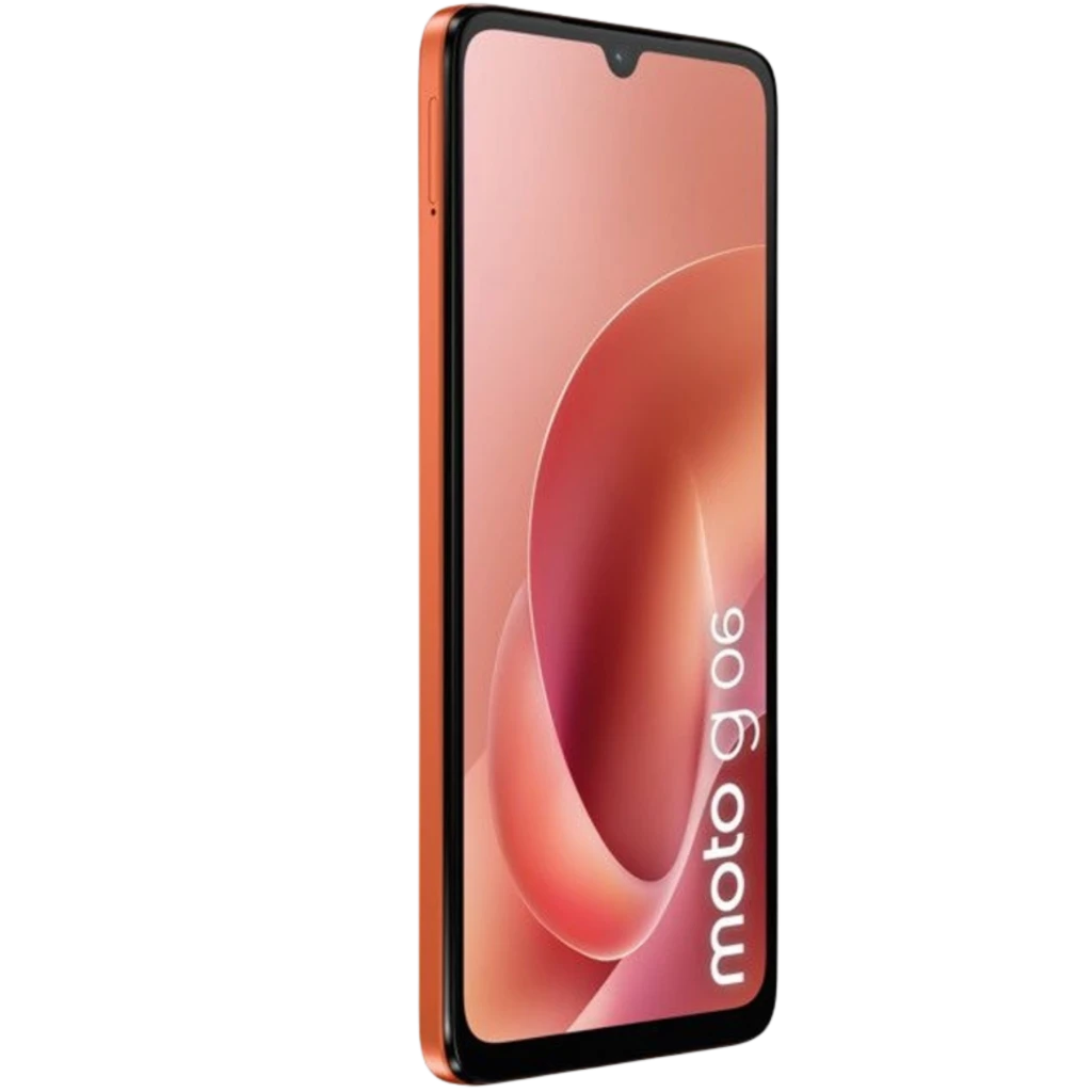 Motorola Moto G06 4GB/256GB Arabesque en color cobre, pantalla con notch en V, bordes delgados y cuerpo estilizado; lateral con botones de volumen y encendido