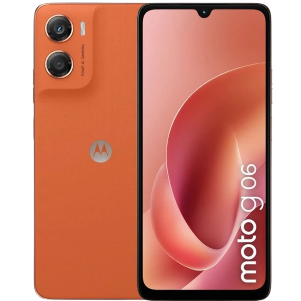 Motorola Moto G06 4GB/256GB Arabesque en color naranja, pantalla con notch en V, doble cámara trasera con flash y logo M centrado en la tapa trasera