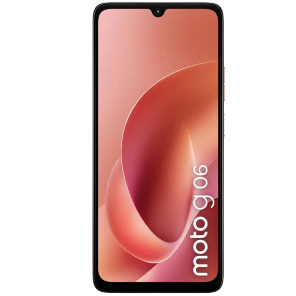 Smartphone Motorola Moto G06 4GB/256GB Arabesque con pantalla grande sin marcos, notch en gota y borde fino; frontal con logo moto g06 vertical en la pantalla