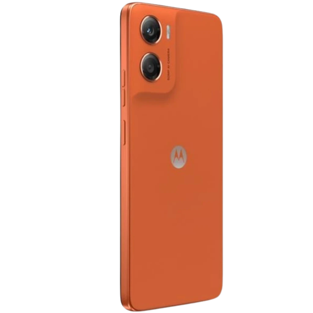 Motorola Moto G06 4GB/256GB Arabesque en color naranja, respaldo mate con logo M, módulo de doble cámara trasera y bordes planos elegantes
