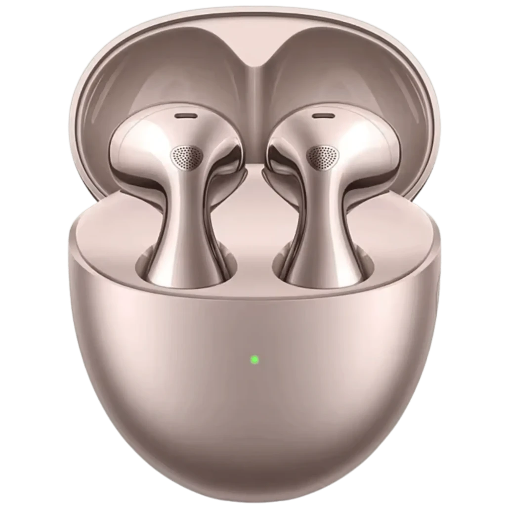 Auriculares Huawei FreeBuds 6 ANC Oro Rosa en estuche compacto brillante, diseño ergonómico tipo tallo, LED frontal y rejillas metálicas en cada auricular