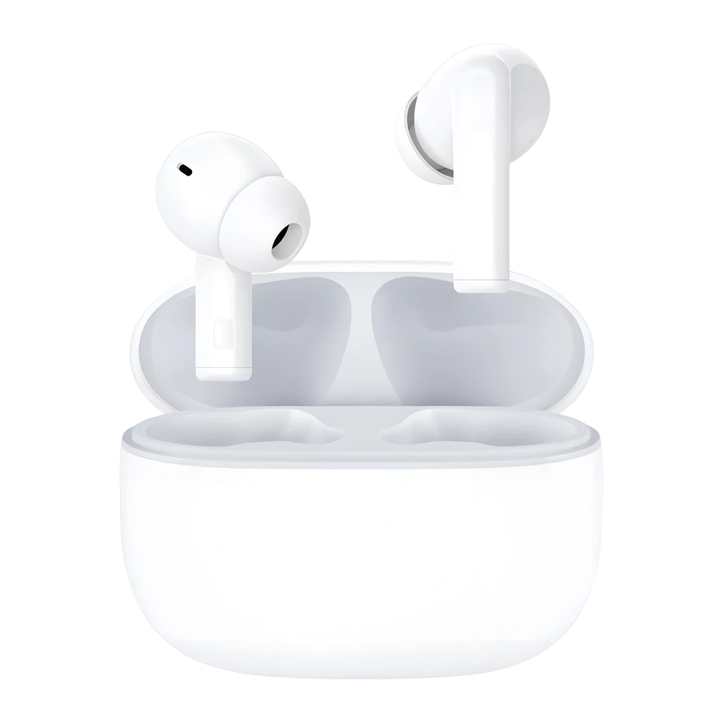 Estuche blanco mate con tapa abatible y dos auriculares In‑Ear TWS blancos, vástagos rectos, puntas de silicona y ajuste ergonómico; diseño compacto y