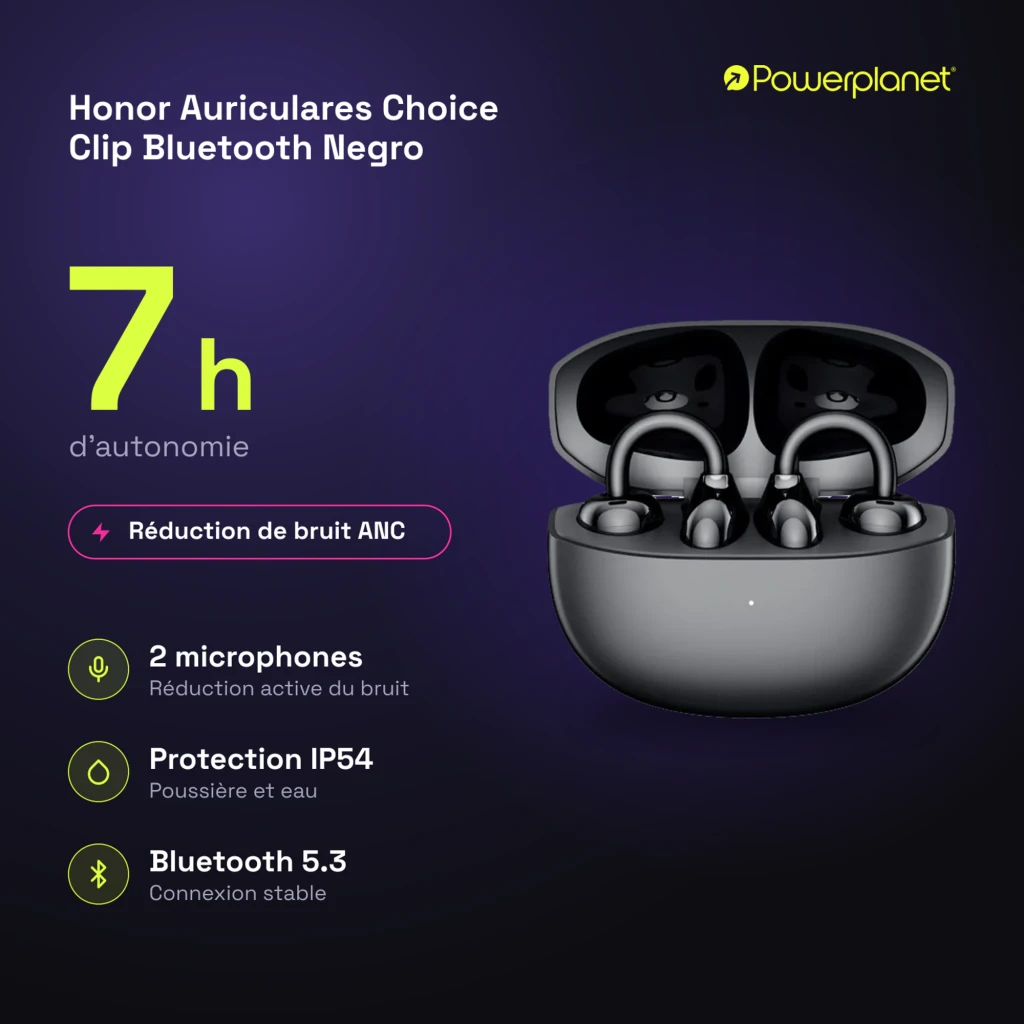 Auriculares Honor Choice Clip open-ear con cancelación activa de ruido, estuche negro, ganchos de sujeción, 7 h de autonomía, Bluetooth 5.3 e IP54
