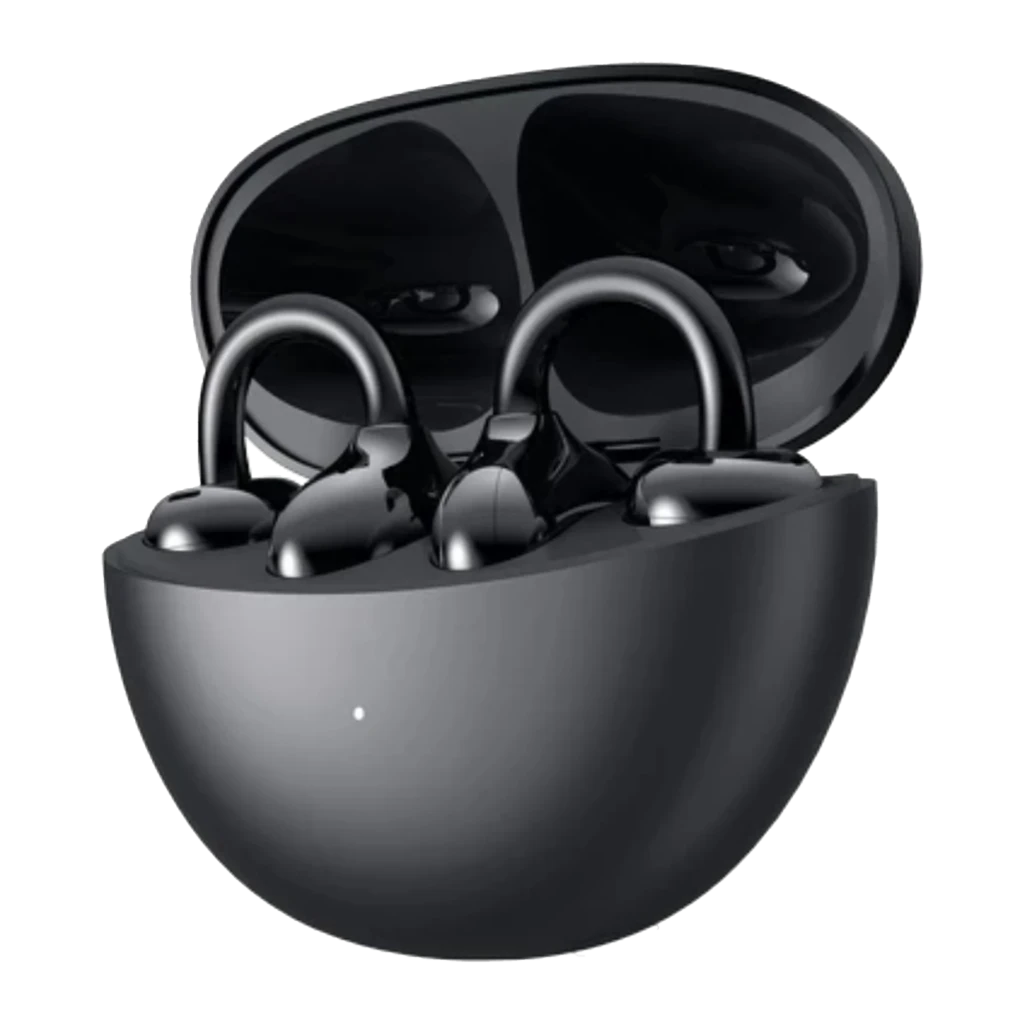 Auriculares Honor Choice Clip Open-Ear con cancelación activa de ruido, diseño clip brillante en negro, estuche de carga mate con LED frontal y bisagra pulida