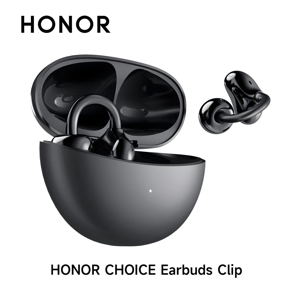 Auriculares Honor Choice Clip open-ear con cancelación activa de ruido, diseño tipo clip brillante en negro, estuche de carga compacto y LED indicador