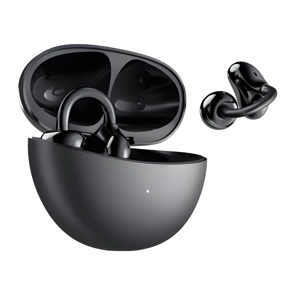 Auriculares Honor Choice Clip open-ear con cancelación activa de ruido, diseño tipo clip en negro brillante, estuche de carga curvo y compacto con LED