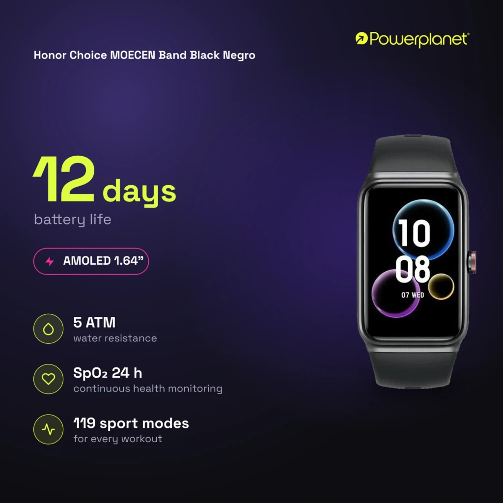 Smartband Honor Choice Moecen Band Negro con pantalla AMOLED 1,64 pulgadas, correa negra, diseño rectangular, bordes curvos y esfera digital colorida