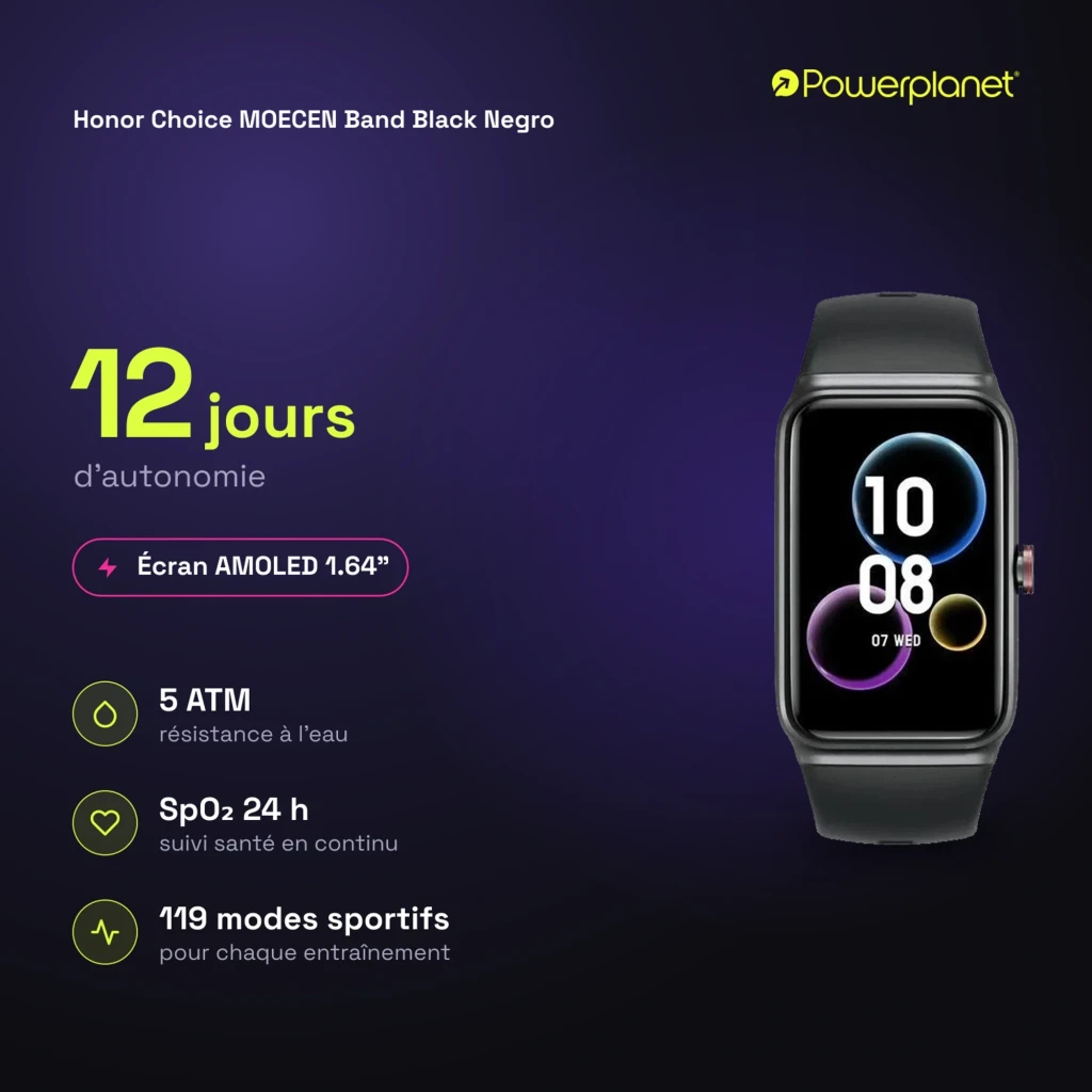 Honor Choice Moecen Band Negro con pantalla AMOLED 1,64, diseño rectangular, correa negra, indicadores de hora y pasos, apta para deporte y uso diario