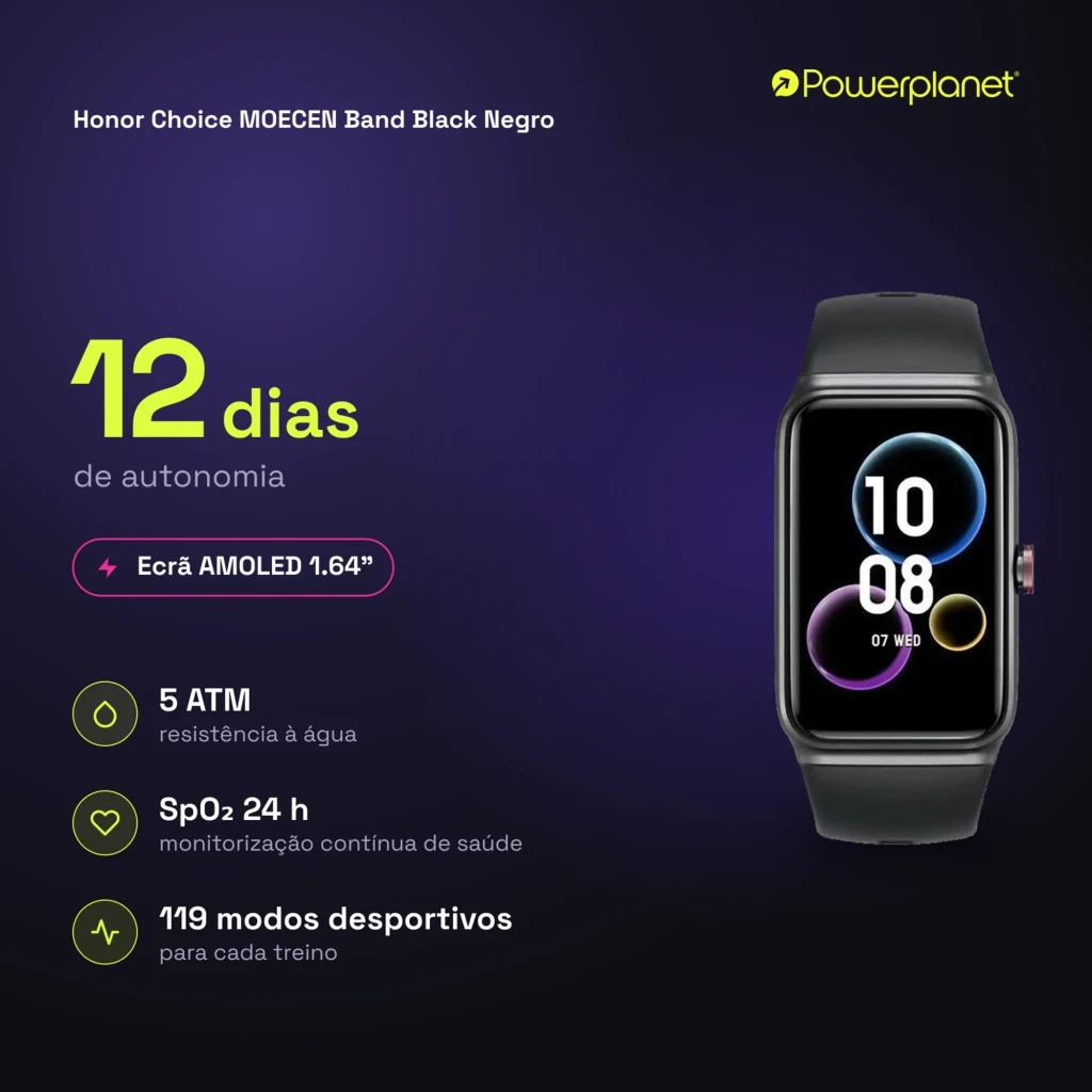 Honor Choice Moecen Band Honor Negro con pantalla AMOLED 1,64, cuerpo negro elegante, bordes curvos, esfera rectangular y correa de silicona deportiva